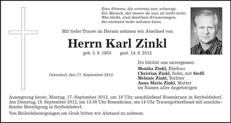 Traueranzeige Karl Zinkl