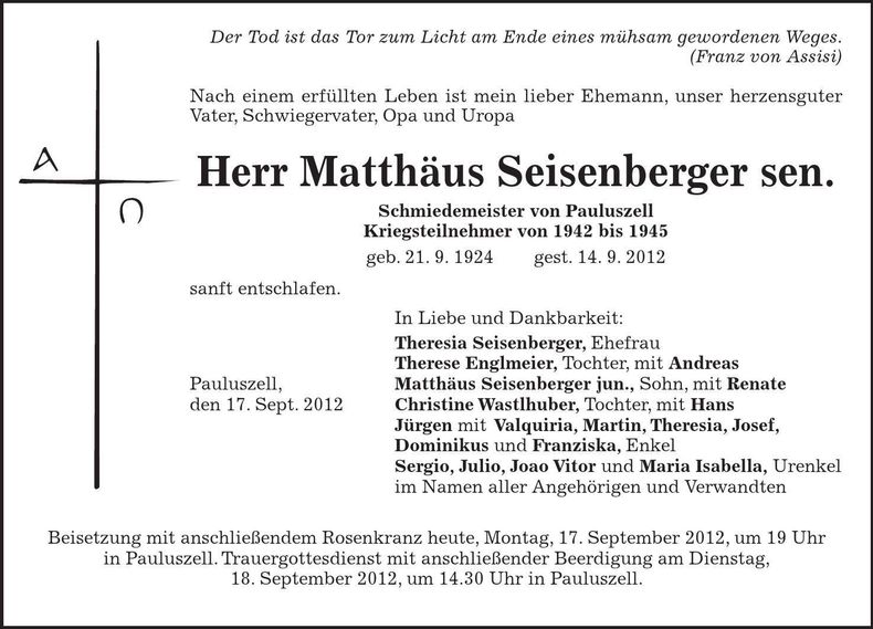 Traueranzeige Matthäus Seisenberger sen.