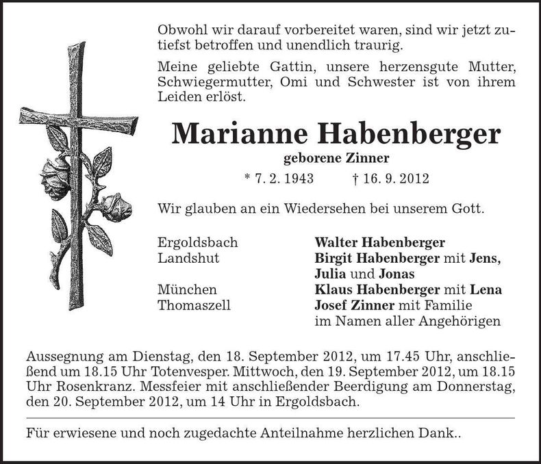 Traueranzeige Marianne Habenberger