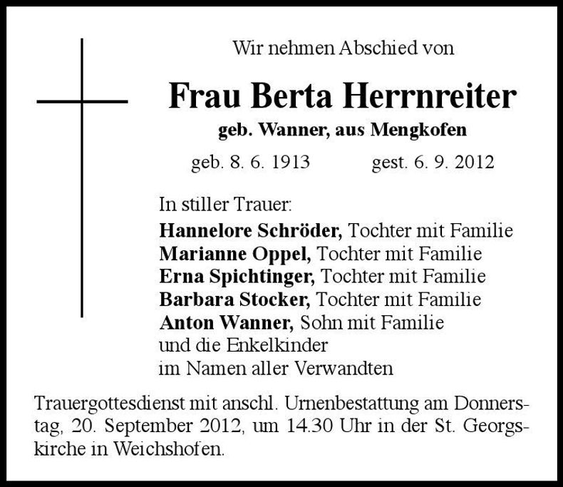 Traueranzeige Berta Herrnreiter