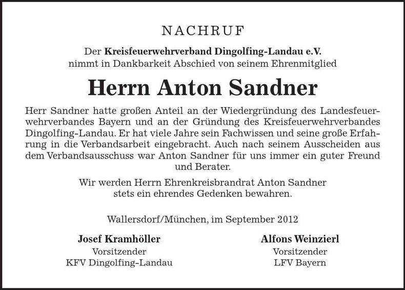 Traueranzeige Anton Sandner