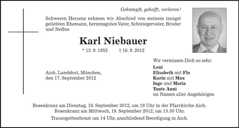 Traueranzeige Karl Niebauer