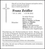Traueranzeige Franz Zeidler
