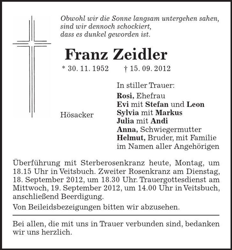 Traueranzeige Franz Zeidler