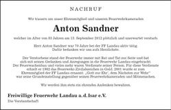 Traueranzeige Anton Sandner