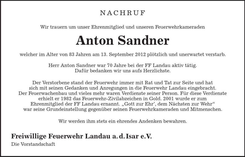 Traueranzeige Anton Sandner
