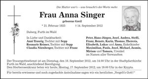 Traueranzeige Anna Singer
