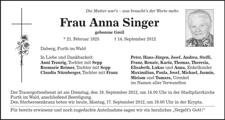 Traueranzeige Anna Singer