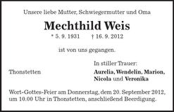 Traueranzeige Mechthild Weis