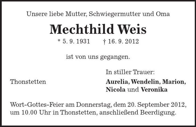 Traueranzeige Mechthild Weis
