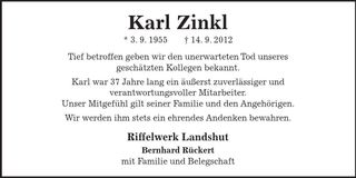 Traueranzeige Karl Zinkl