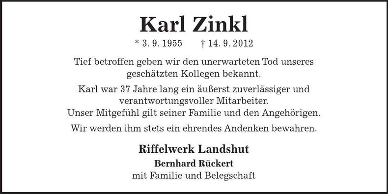 Traueranzeige Karl Zinkl
