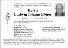 Traueranzeige Ludwig Johann Ebner