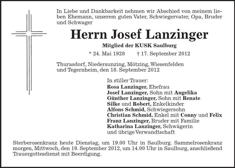 Traueranzeige Josef Lanzinger