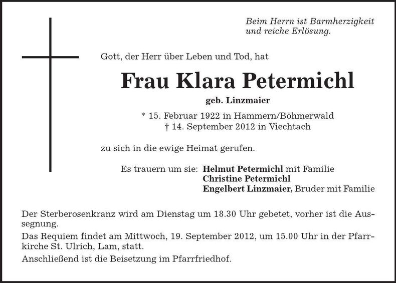 Traueranzeige Klara Petermichl