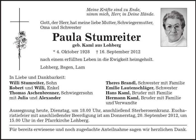 Traueranzeige Paula Stumreiter
