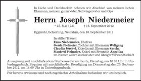 Traueranzeige Joseph Niedermeier
