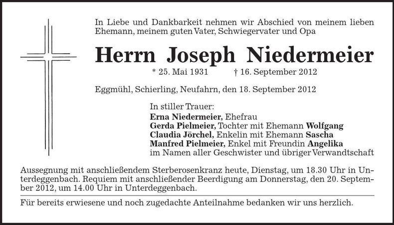 Traueranzeige Joseph Niedermeier