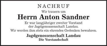 Traueranzeige Anton Sandner