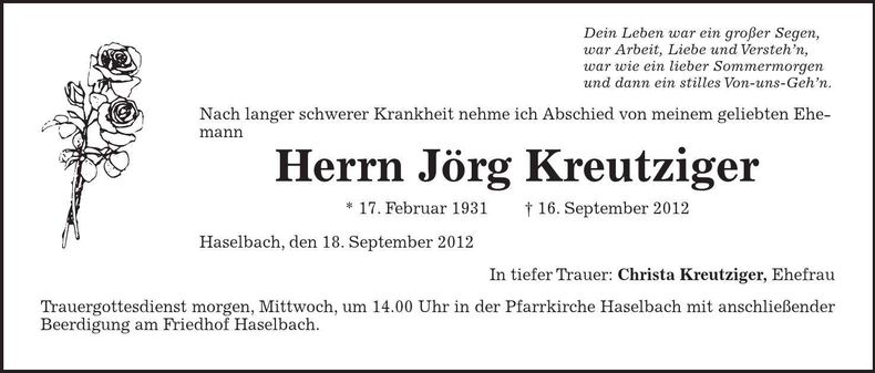 Traueranzeige Jörg Kreutziger