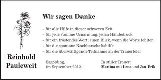 Traueranzeige Reinhold Pauleweit