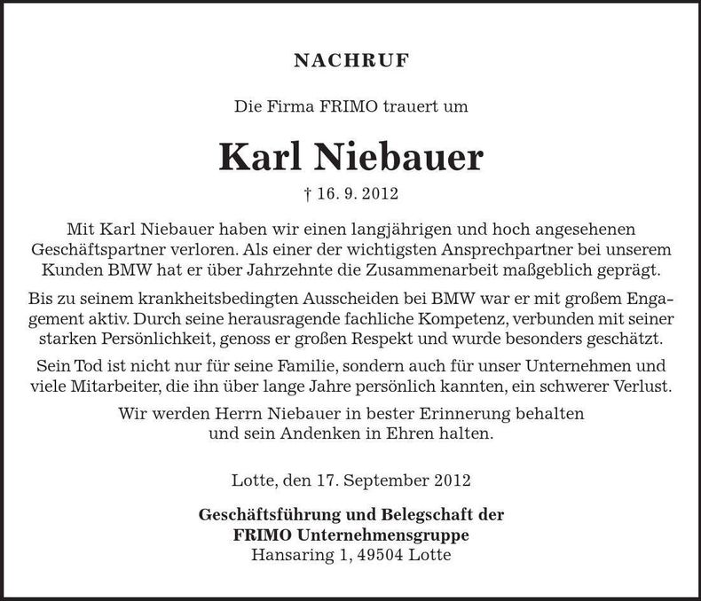 Traueranzeige Karl Niebauer
