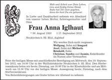 Traueranzeige Anna Iglhaut