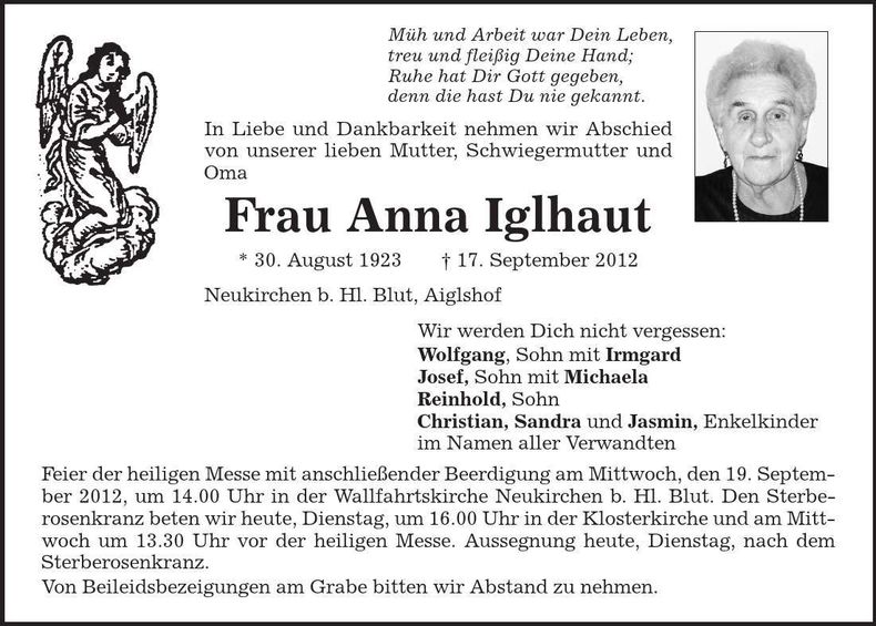 Traueranzeige Anna Iglhaut