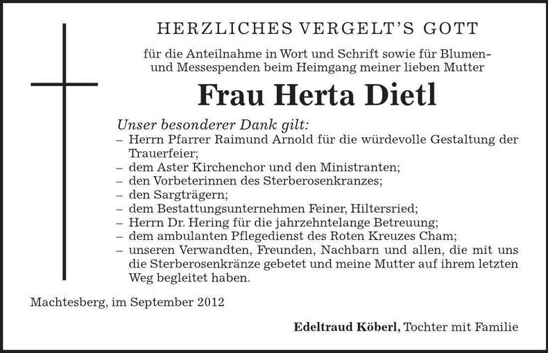 Traueranzeige Herta Dietl