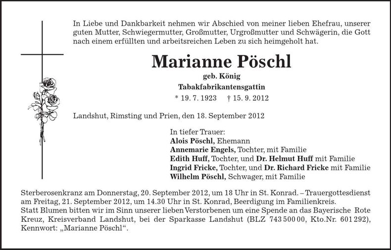 Traueranzeige Marianne Pöschl