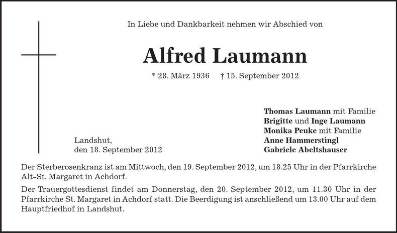 Traueranzeige Alfred Laumann