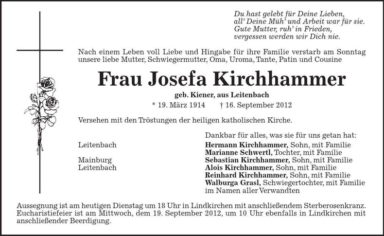Traueranzeige Josefa Kirchhammer