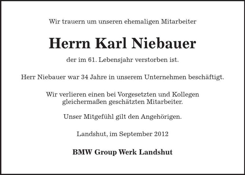 Traueranzeige Karl Niebauer