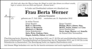 Traueranzeige Berta Werner