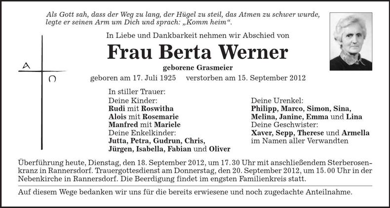 Traueranzeige Berta Werner