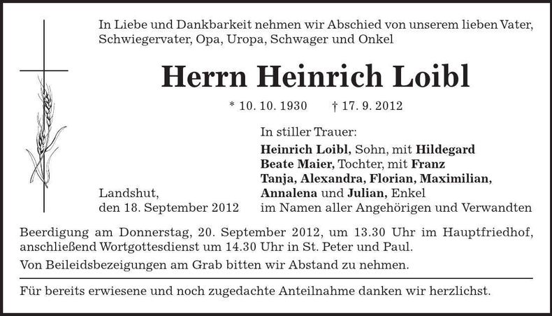 Traueranzeige Heinrich Loibl