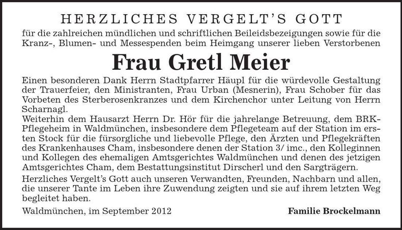 Traueranzeige Gretl Meier