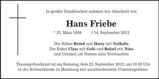 Traueranzeige Hans Friebe