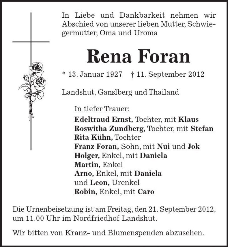 Traueranzeige Rena Foran