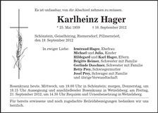 Traueranzeige Karlheinz Hager