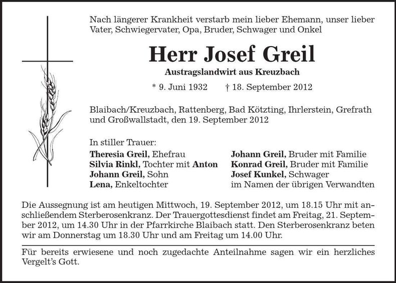 Traueranzeige Josef Greil