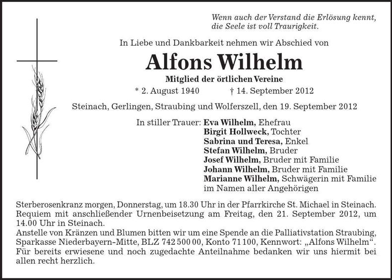 Traueranzeige Alfons Wilhelm