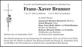 Traueranzeige Franz-Xaver Brunner