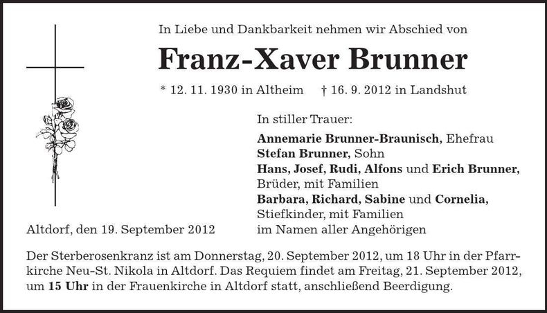 Traueranzeige Franz-Xaver Brunner