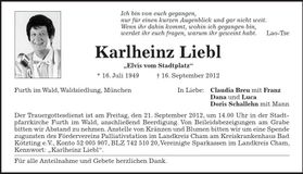 Traueranzeige Karlheinz Liebl