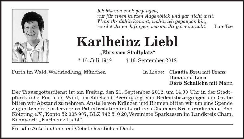 Traueranzeige Karlheinz Liebl