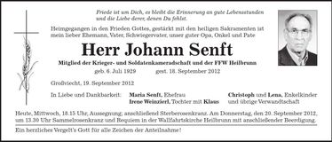 Traueranzeige Johann Senft
