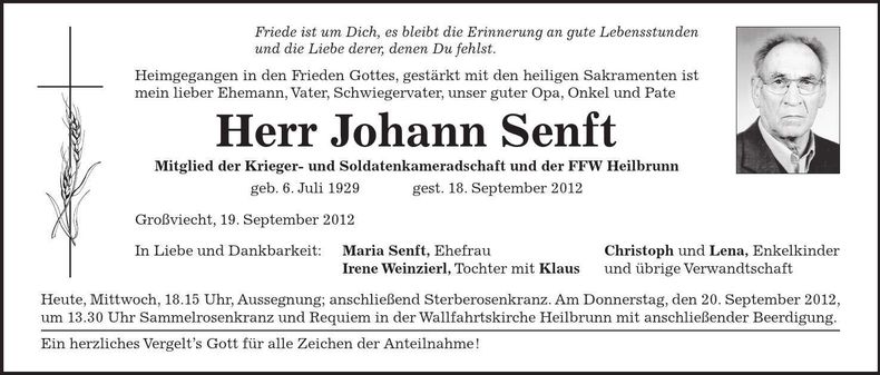 Traueranzeige Johann Senft