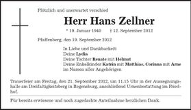 Traueranzeige Hans Zellner