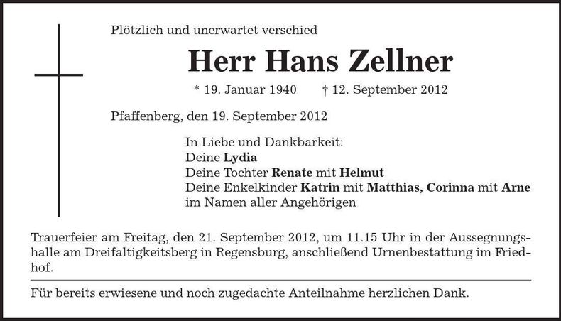 Traueranzeige Hans Zellner
